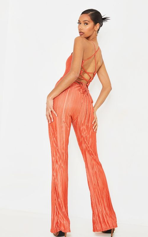 Rust Rib Twist Detail Plunge Flared Jumpsuit