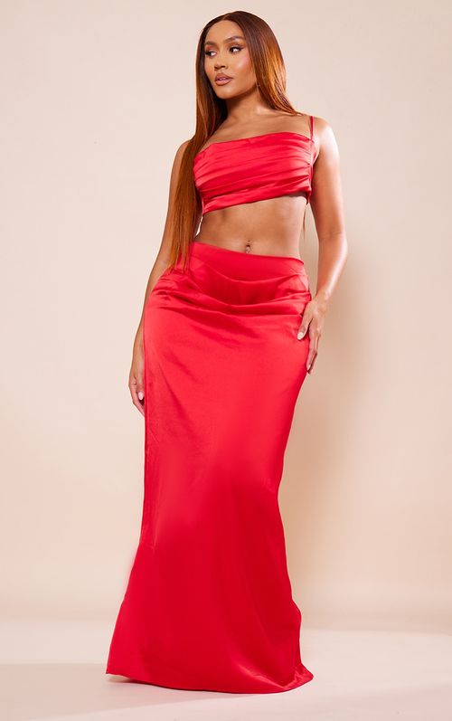 Red Satin Drape Detail Maxi Dress