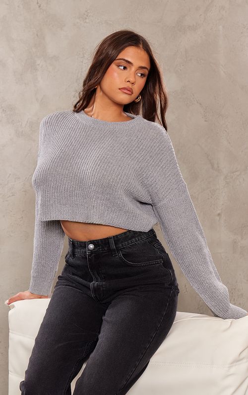 Grey Basic Crew Neck Crop...