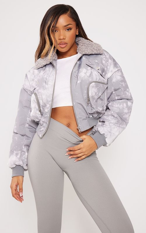 Grey Printed Faux Fur Collar...