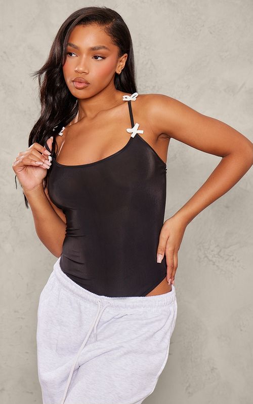 Black Slinky Strappy Cut Out Long Sleeve Bodysuit