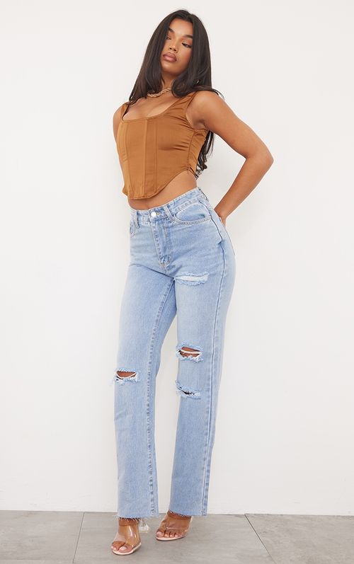 PRETTYLITTLETHING Light Wash Ripped Mom Jeans