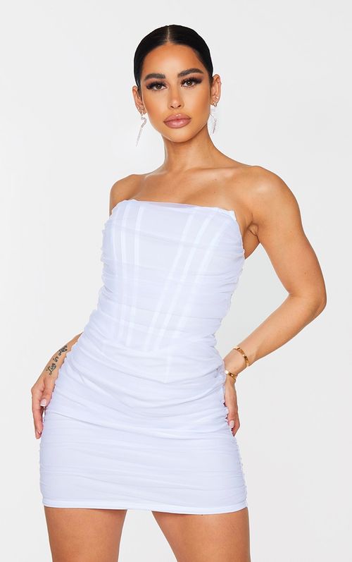 Shape White Textured Lace Up Detail Ruched Bodycon Dress, White, Compare