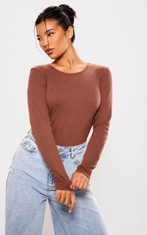 Chocolate Crew Neck Long Sleeve Bodysuit  Long sleeve bodysuit top, Long  sleeve bodysuit, Bodysuit