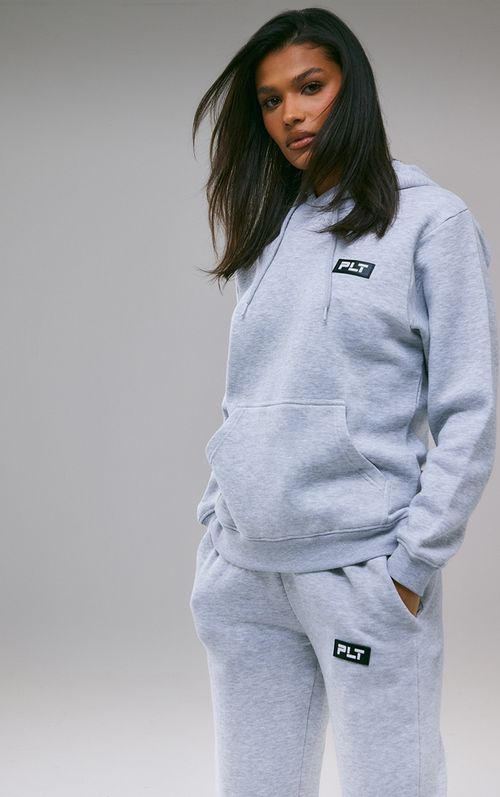 PRETTYLITTLETHING Logo Charcoal Grey Badge Detail Oversized Hoodie