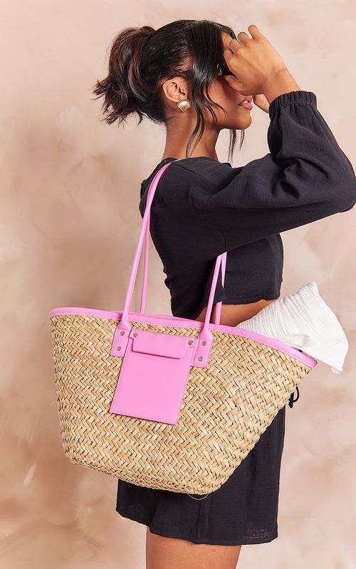 Pink PU Trim Straw Tote Bag,...