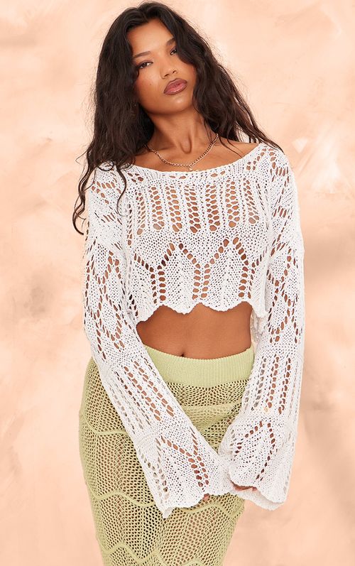 Off White Open Crochet Knit...