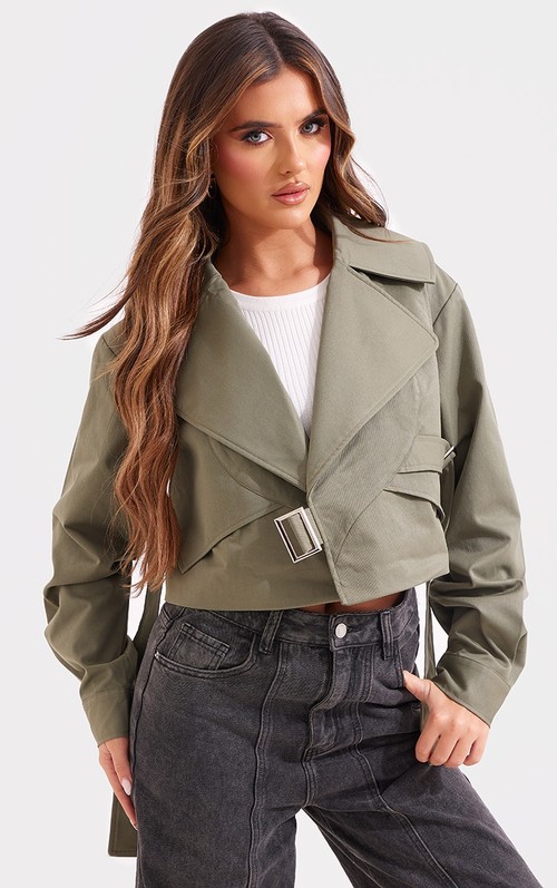Khaki Cropped Trench Belted...