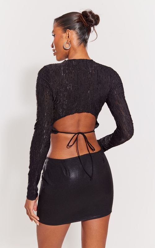 Black Textured Rib Twist Front Long Sleeve Crop Top