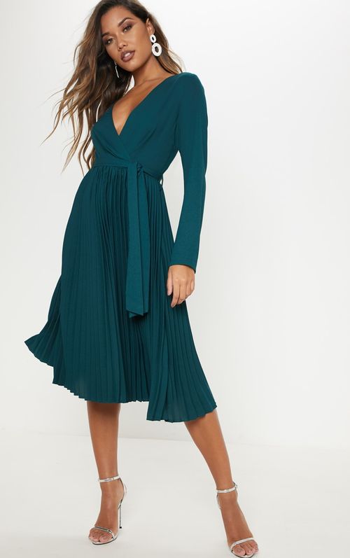 Emerald Green Satin One Shoulder Tie Waist Asymmetric Hem Midi Dress