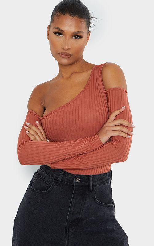 Rust Wide Contour Rib Asymmetric Crop Top