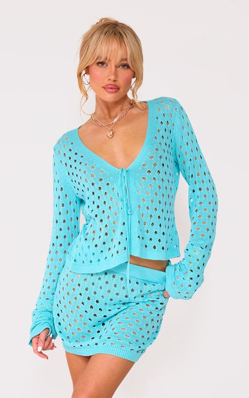 Blue Tie Front Hole Knit Top,...