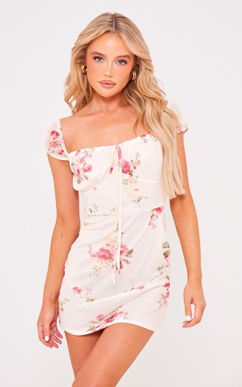 Cream Floral Mesh Cap Sleeve...