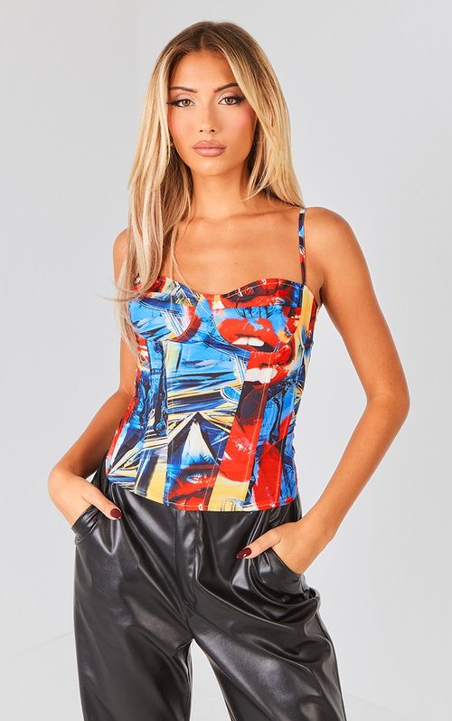 Plus Blue Renaissance Print Structured Corset Top