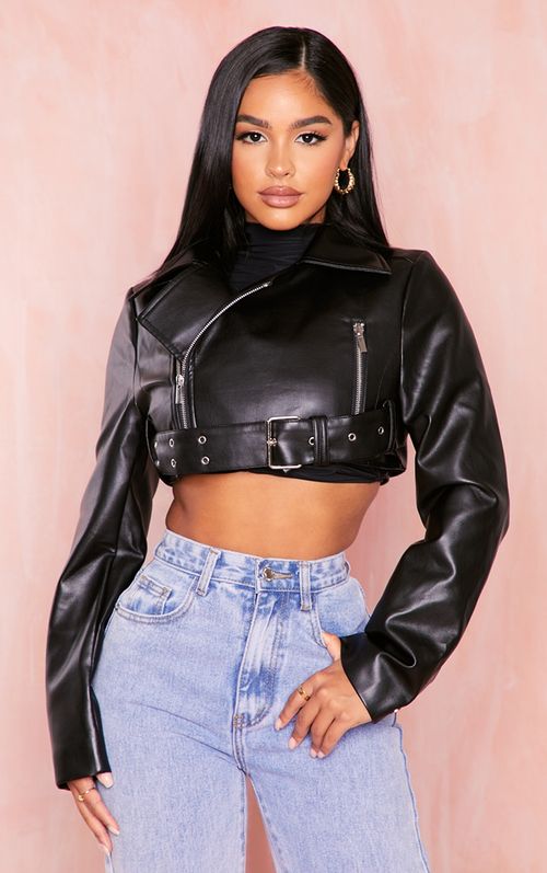 pink faux leather super cropped belted biker jacket