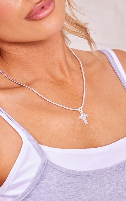 Silver Snake Chain Cross...