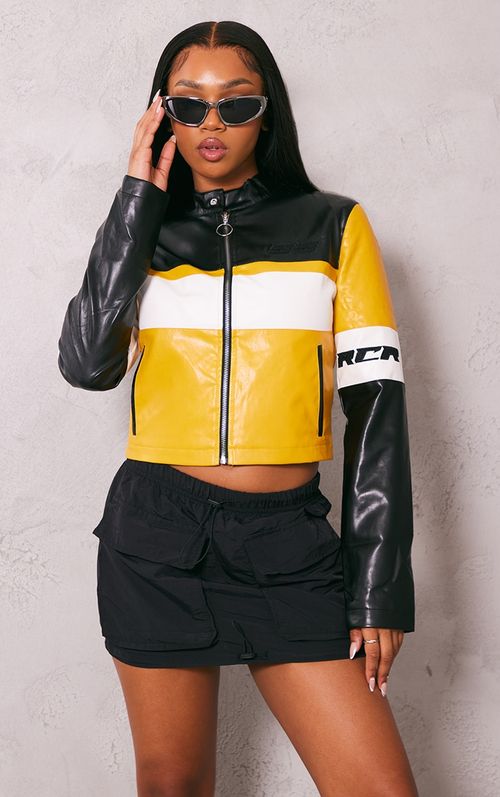 PRETTYLITTLETHING Yellow Faux Leather Motocross Racer Bomber Jacket