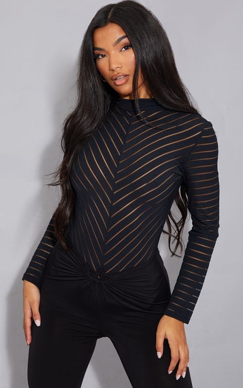 Black long sleeve thong bodysuit