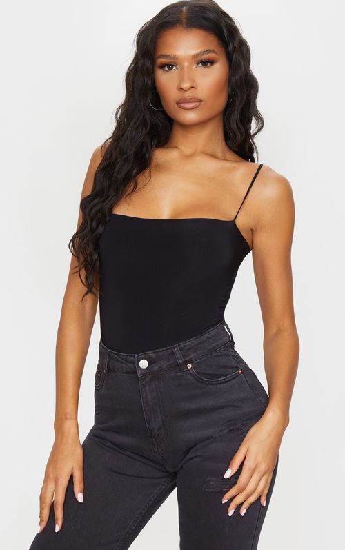 Black Slinky Square Neck Spaghetti Strap Bodysuit, Black