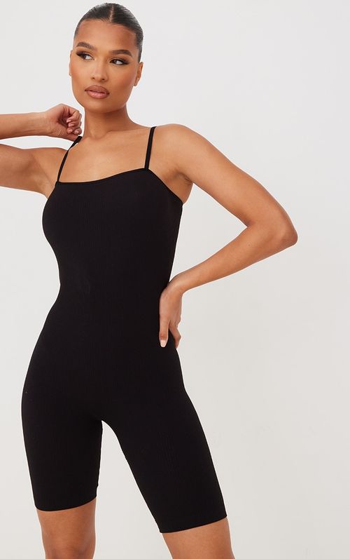 Black Structured Contour Rib Straight Neck Unitard, Black, £21.00