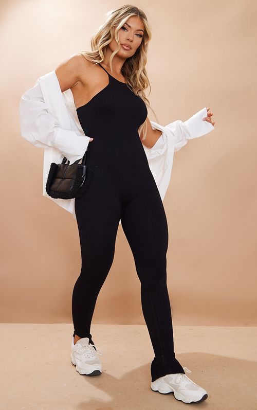 Black Structured Contour Ribbed Strappy Racer Neck Jumpsuit, Black