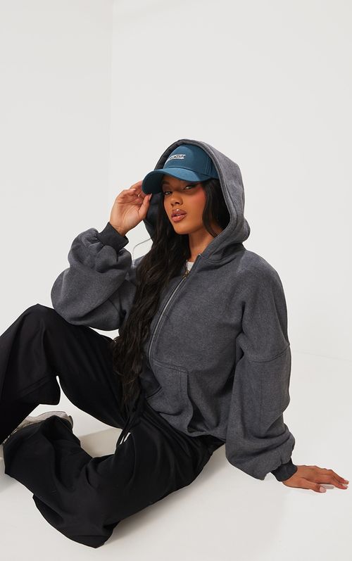 Charcoal Washed Oversized Zip...