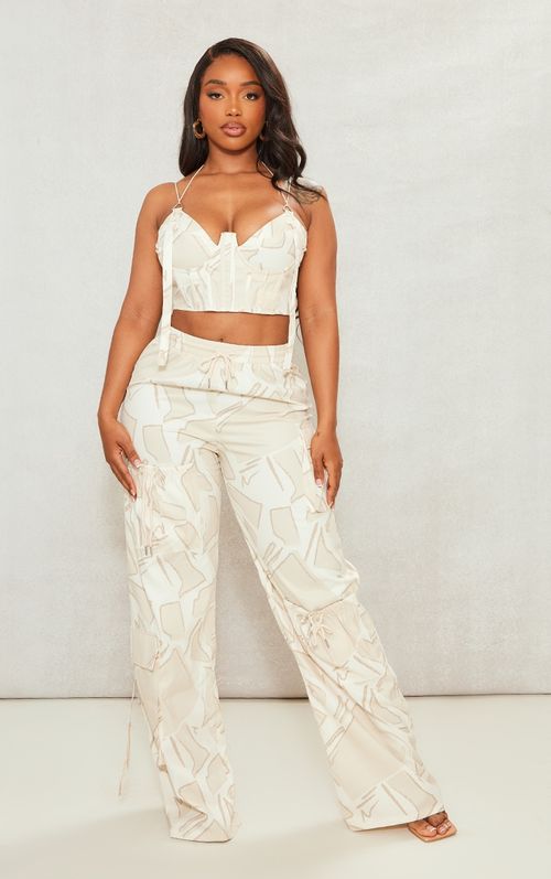 PRETTYLITTLETHING Shape Mocha Rose Buckle Detail Cargo Wide Leg Pants