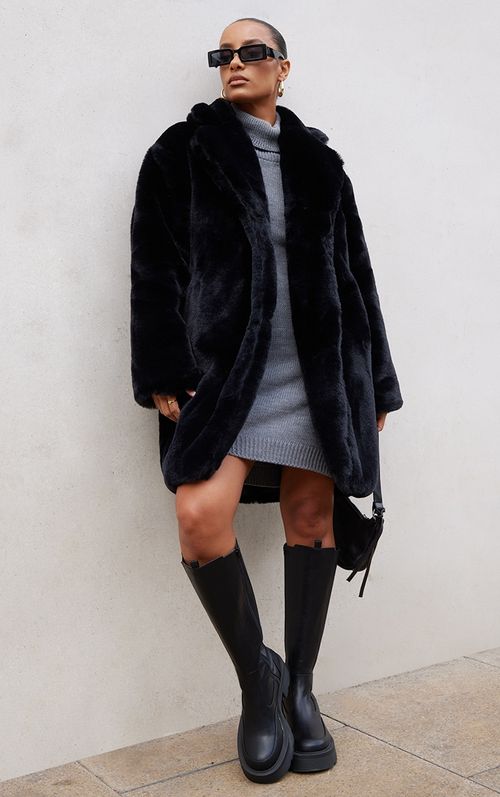 Black Faux Fur Black Coat,...