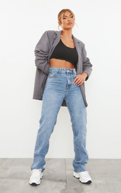 Light Blue Wash Asymmetric Waistband Long Straight Leg Jeans