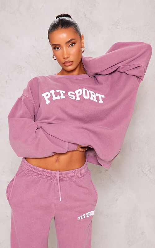 PLT SPORT Mauve Printed Washed Oversized Sweatshirt, Purple