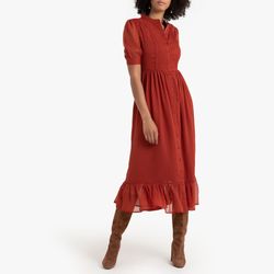 Pleated Buttoned Midaxi Dress with Short Sleeves