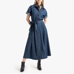 Denim Midi Shirt Dress with Tie-Waist