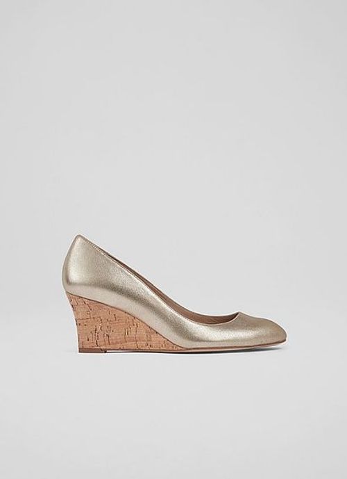 Eevi Gold Suede Cork Wedges,...