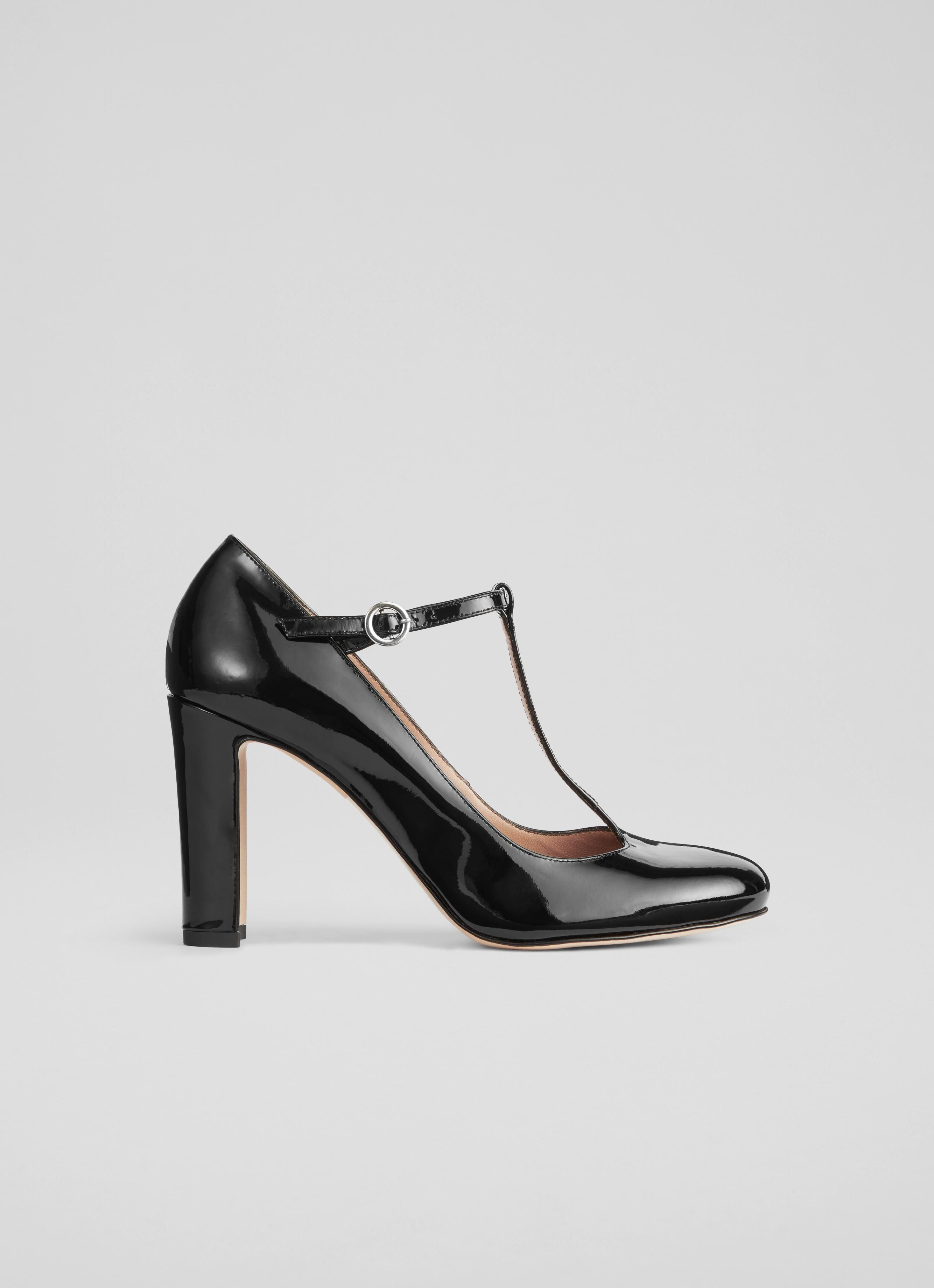 T bar black patent shoes sales