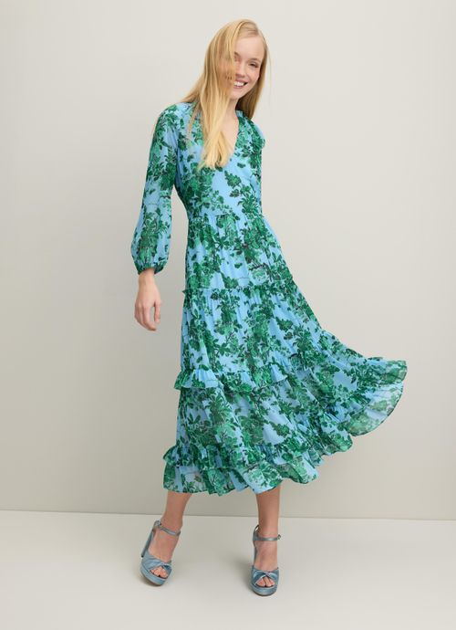 Eleanor Neon Garden Print Recycled Polyester Tiered Dress, Green Blue
