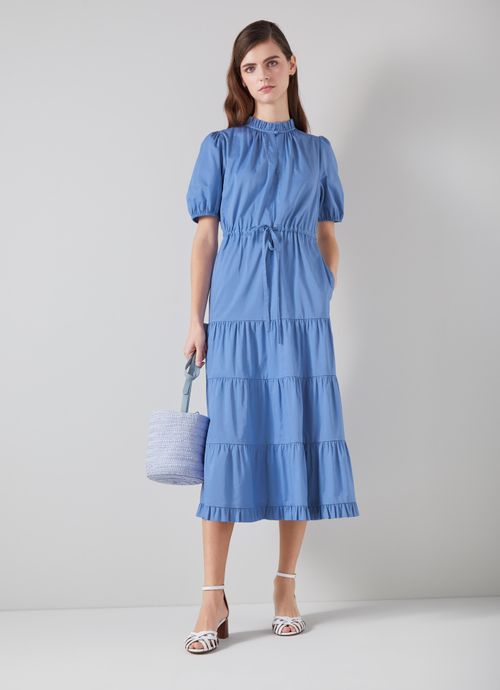 Hedy Blue Organic Cotton Tiered Dress, Light Blue
