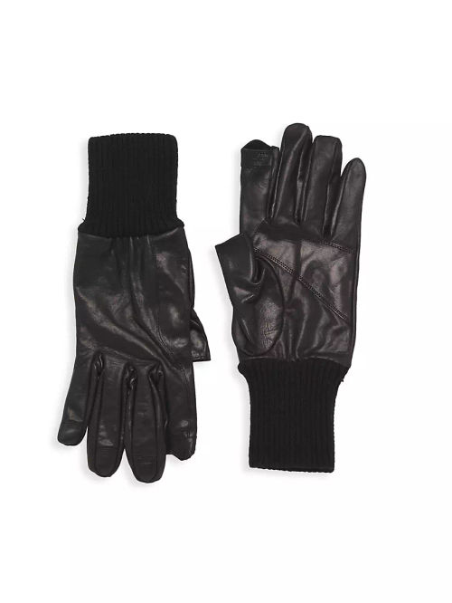 Rib-Knit Cuff Leather Gloves