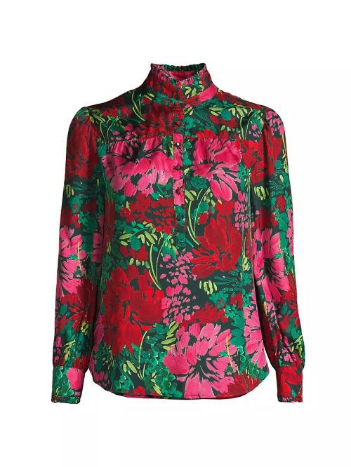 Floral Silk Ruffle-Collar...