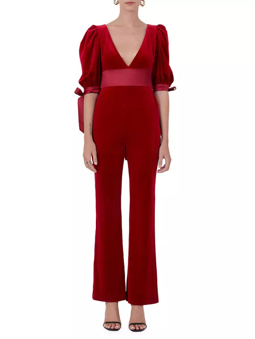 Bow Tie Sleeve Velvet Jumpsuit