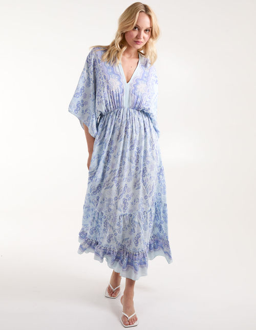 V Neck Flutter Sleeve Maxi...