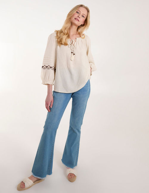 Embroidered Pleat Sleeve Top...