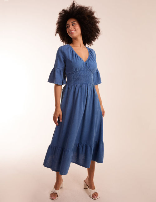 V Neck Shirred Midi Dress - L...