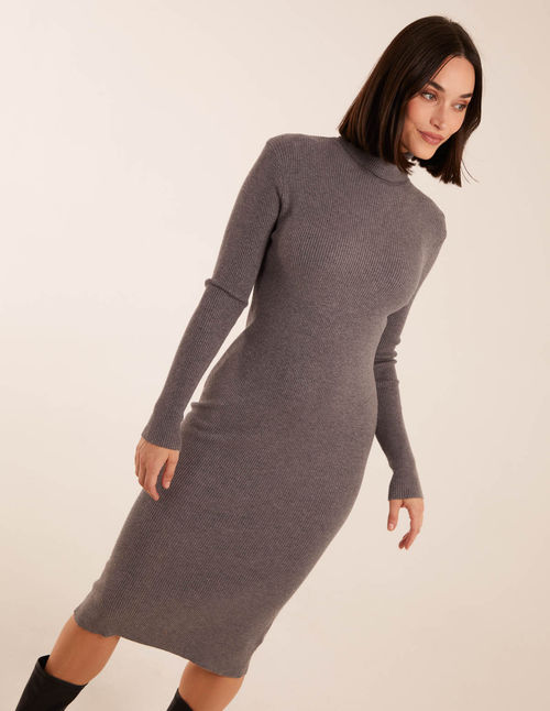 Ribbed Roll Neck Midi Dress -...