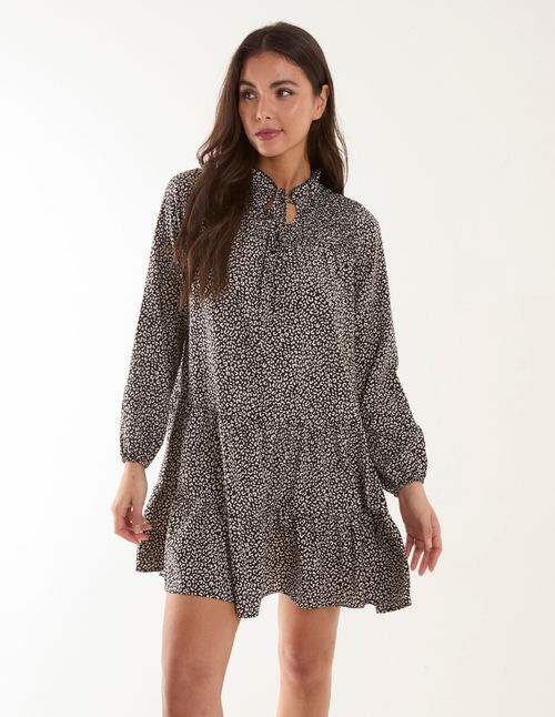 Shirred Cheetah Smock Dress -...