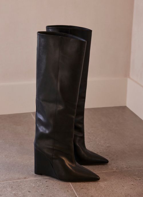 Black Leather Wedge Boots