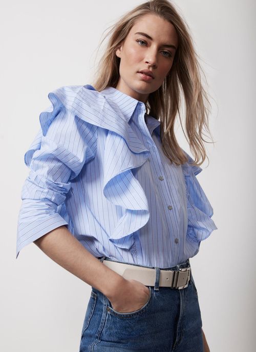 Blue Striped Ruffle Shirt