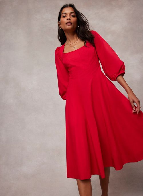 Red Cotton Puff Sleeve Midi...