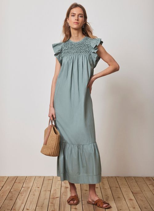 Blue Cotton Smocked Maxi Dress