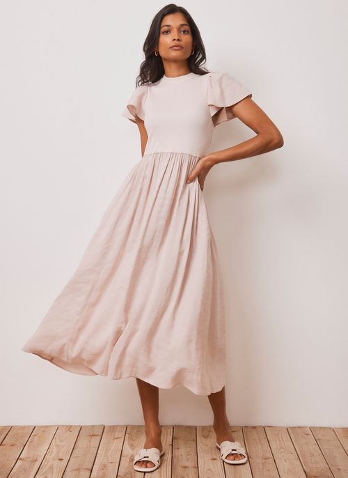 Beige Jersey Ruffle Midi Dress