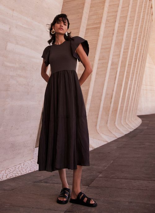 Brown Jersey Ruffle Midi Dress